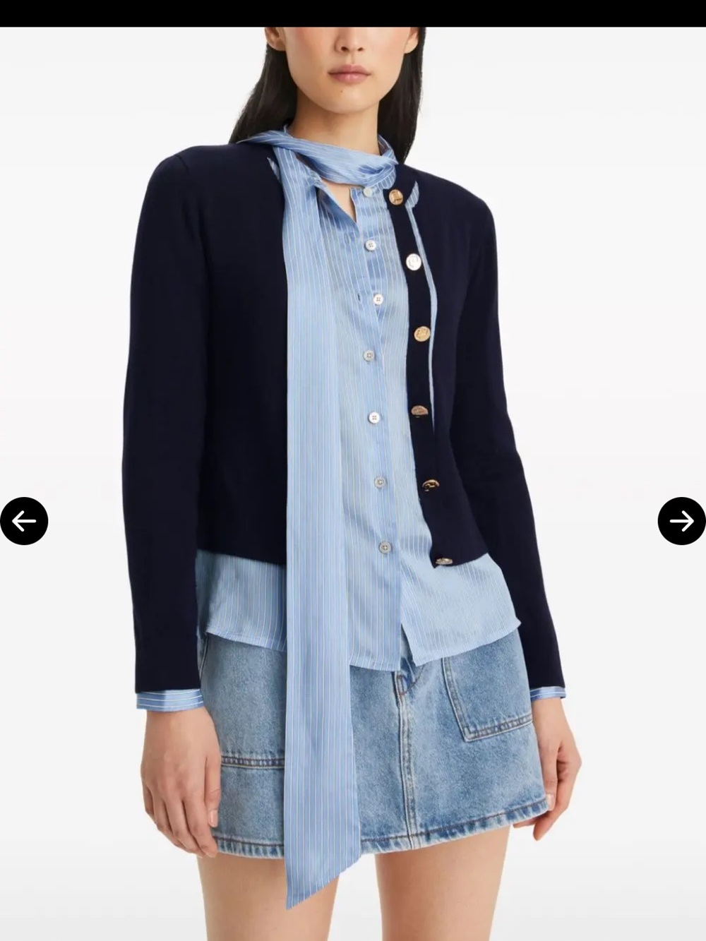 Tory Burch Navy Knit Cardigan with Light Blue Striped Tie Blouse size medium